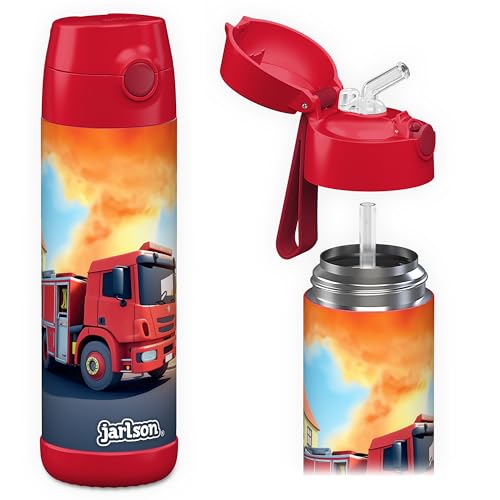 Jarlson Kids Water Bottle CHARLI 18OZ Stainless Steel Thermo Bottle with Straw Insulated Spill Proof Waterbottle for School Sports Thermo Tumbler for Boys Girls Fire Engine - Image 1