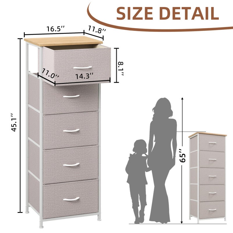Somdot Tall Dresser for Bedroom with 5 Drawers, Storage Organizer Chest of Drawers with Removable Fabric Bins for Closet Bedside Living Room Laundry Entryway Hallway, Ash Grey - Image 3