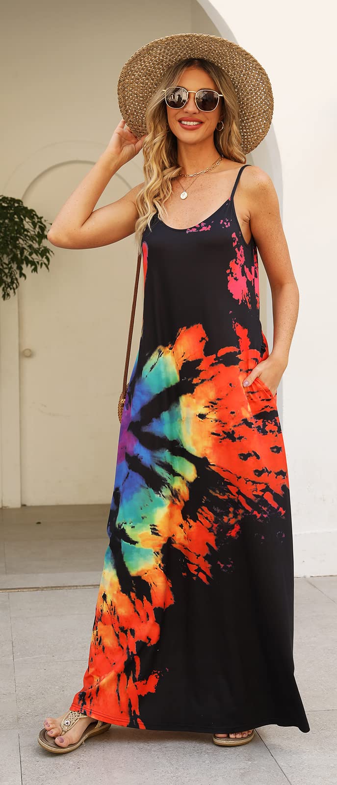 Supnier Women's Casual Loose Sundress Long Dress Sleeveless Maxi Dresses Summer Beach Dress with Pockets(XL,Grey Rainbow) - Image 3