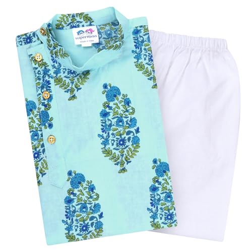 superminis Boys Cotton Full Sleeves Side Open Sanganeri Printed Kurta With Pyjama Set (5-6 Years, Blue) - Image 1