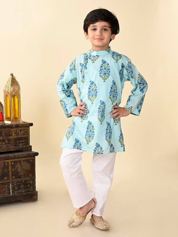 superminis Boys Cotton Full Sleeves Side Open Sanganeri Printed Kurta With Pyjama Set (5-6 Years, Blue) - Image 2