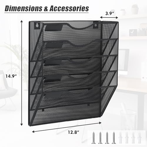 EASEPRES 5 Pocket Mesh Hanging Wall File Organizer, Wall Mounted Mail Paper Document Folder Holder, Clipboard Storage Organization Magazine Rack with Nametag Label for Office Home School, Black - Image 2