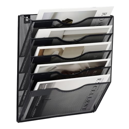 EASEPRES 5 Pocket Mesh Hanging Wall File Organizer, Wall Mounted Mail Paper Document Folder Holder, Clipboard Storage Organization Magazine Rack with Nametag Label for Office Home School, Black - Image 1