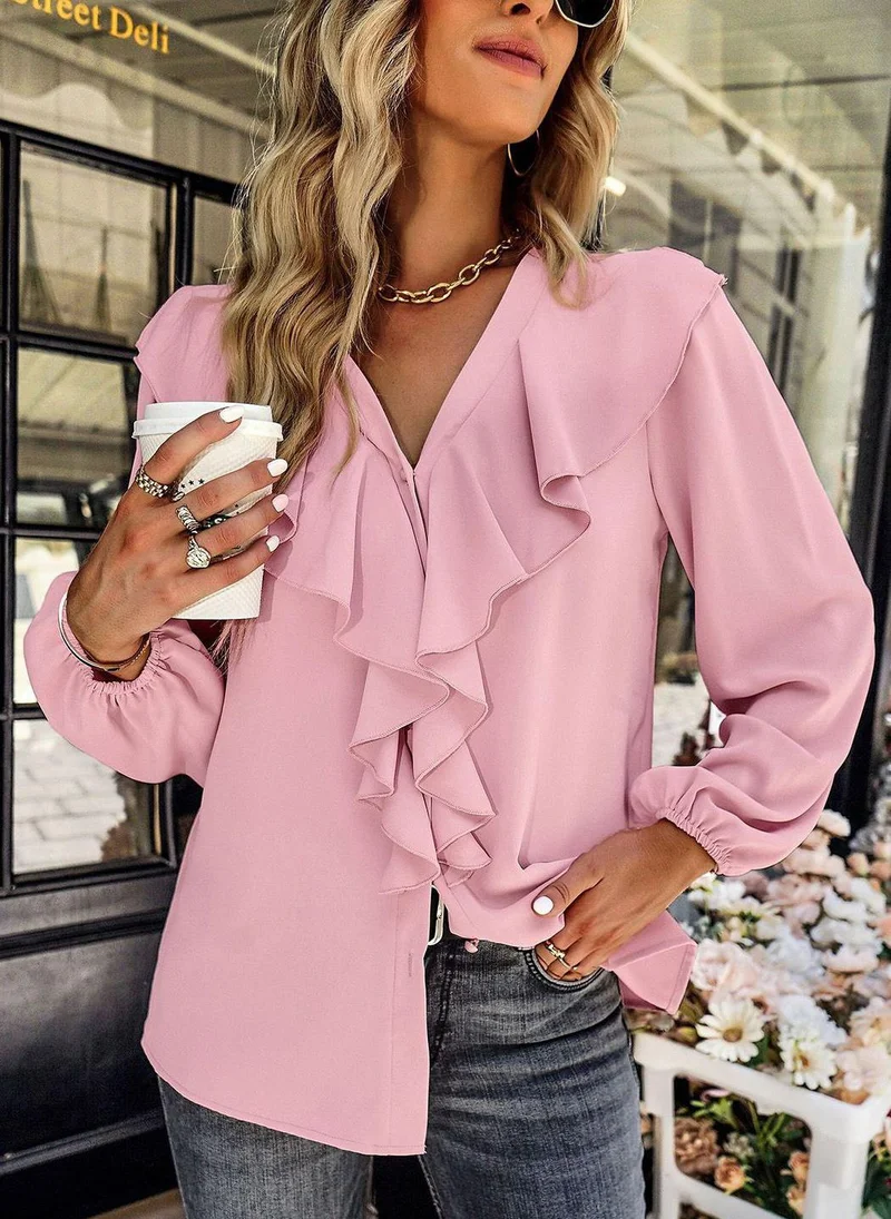 YUNIQEE Pink V-Neck Long Sleeves Solid Top