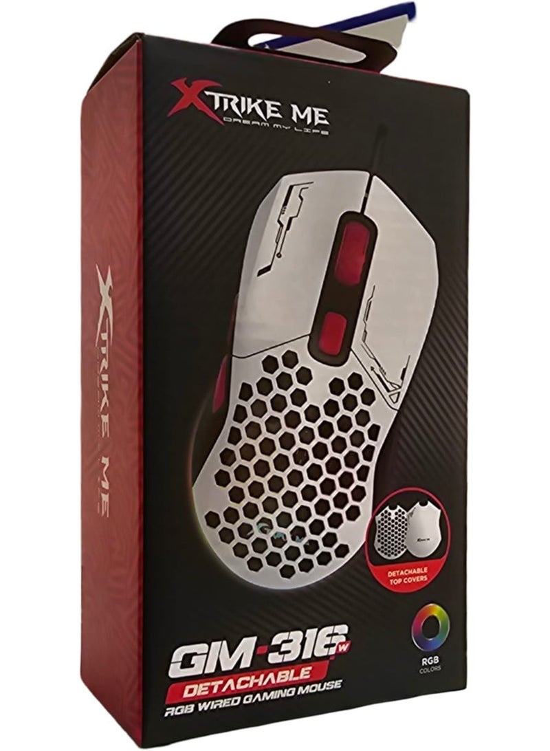 XTRIKE ME GM-316W RGB Gaming Mouse - Optical Sensor 7,200 DPI - Detachable Top Covers - Lightweight Only 67G - White - Image 2