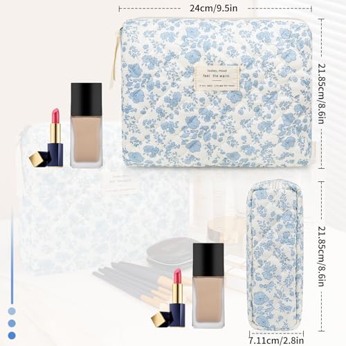 Gosect 2PC Makeup Bag Set, Cute Cosmetic Bag for Women Girls, Floral Coquette Aesthetic Toiletry Bag, Travel Make Up Organizer Bag (Blue Floral) - Image 2