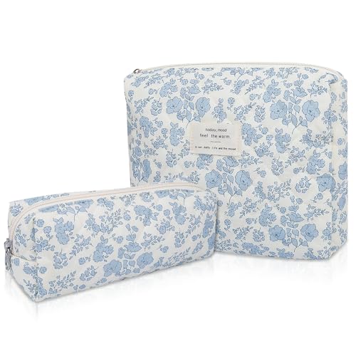 Gosect 2PC Makeup Bag Set, Cute Cosmetic Bag for Women Girls, Floral Coquette Aesthetic Toiletry Bag, Travel Make Up Organizer Bag (Blue Floral) - Image 1