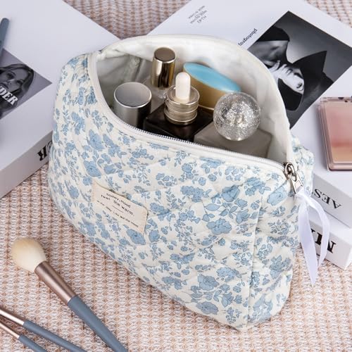 Gosect 2PC Makeup Bag Set, Cute Cosmetic Bag for Women Girls, Floral Coquette Aesthetic Toiletry Bag, Travel Make Up Organizer Bag (Blue Floral) - Image 3