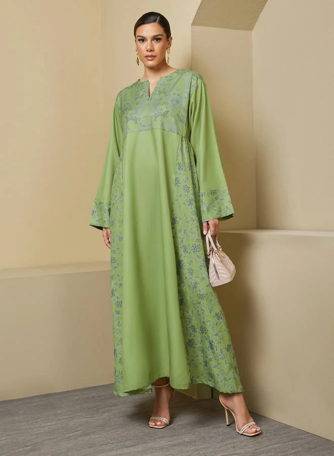 Styli Printed Panel A-Line Notch Neck Jalabiya