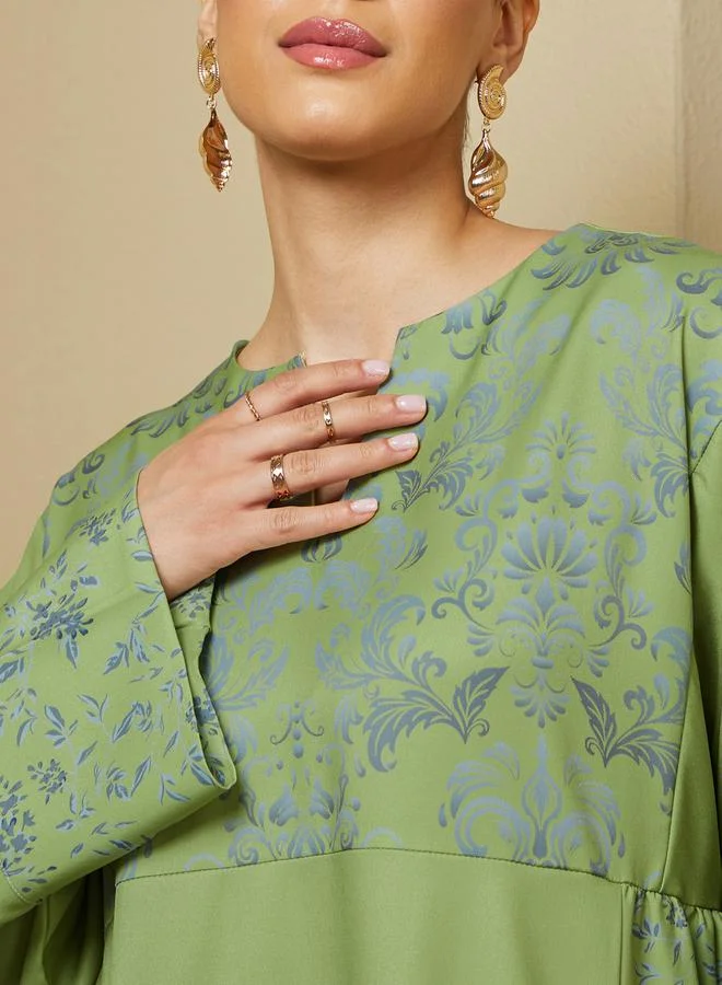 Styli Printed Panel A-Line Notch Neck Jalabiya