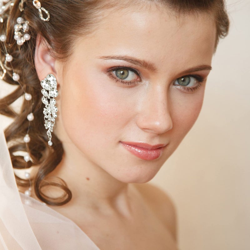 THUNARAZ 4 Pairs Silver Clip on Earrings for Women, Sparkly Rhinestone Tassel Chandelier Teardrop Dangle Earrings for Brides Bridesmaids Non Pierced Prom Jewelry Set Trendy Style - Image 3