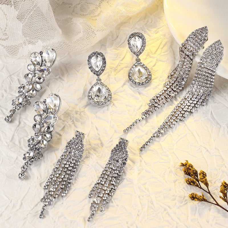 THUNARAZ 4 Pairs Silver Clip on Earrings for Women, Sparkly Rhinestone Tassel Chandelier Teardrop Dangle Earrings for Brides Bridesmaids Non Pierced Prom Jewelry Set Trendy Style - Image 4
