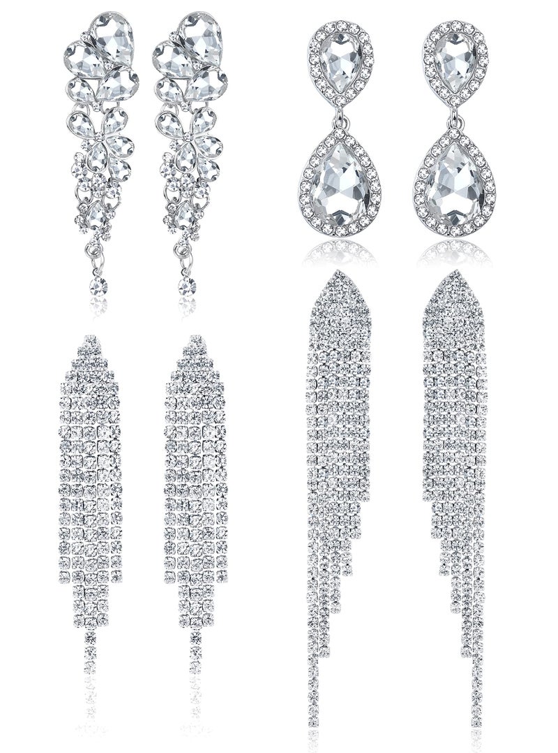 THUNARAZ 4 Pairs Silver Clip on Earrings for Women, Sparkly Rhinestone Tassel Chandelier Teardrop Dangle Earrings for Brides Bridesmaids Non Pierced Prom Jewelry Set Trendy Style - Image 1