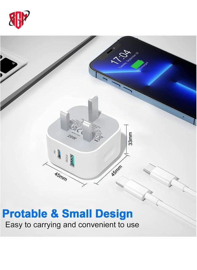 BGM - USB C Plug Fast Charge,20W USB and Type C Charger Plug Adapter UK Charging for iPhone14/14 Pro/14 Pro Max/13/13 Pro/13 Pro Max/12/12 Pro Max/11 Pro/iPad/Samsung Multi Port USBC Wall Socket - Image 1
