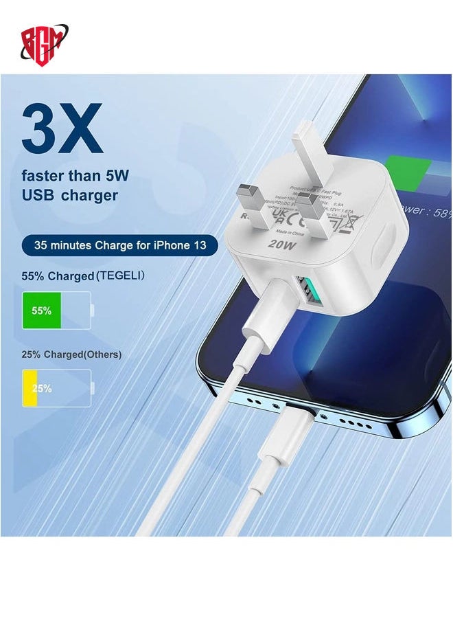 BGM - USB C Plug Fast Charge,20W USB and Type C Charger Plug Adapter UK Charging for iPhone14/14 Pro/14 Pro Max/13/13 Pro/13 Pro Max/12/12 Pro Max/11 Pro/iPad/Samsung Multi Port USBC Wall Socket - Image 1