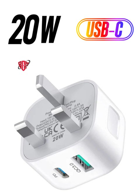USB C Plug Fast Charge,20W USB and Type C Charger Plug Adapter UK Charging for iPhone14/14 Pro/14 Pro Max/13/13 Pro/13 Pro Max/12/12 Pro Max/11 Pro/iPad/Samsung Multi Port USBC Wall Socket