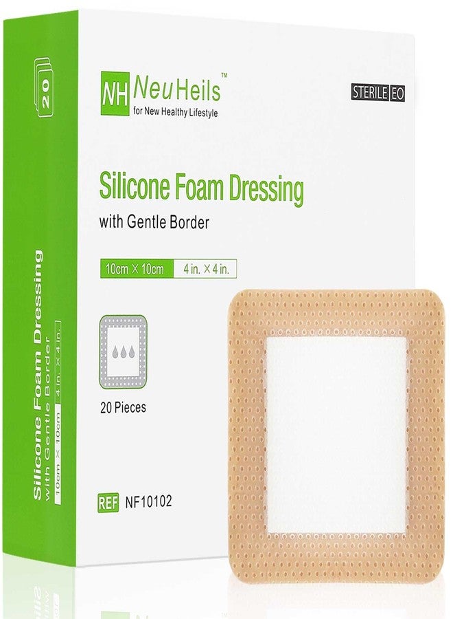 NeuHeils Silicone Foam Dressing with Gentle Border 4''x4'', 20 Pack for Bed Sore Leg Ulcer, High Absorbency Large Waterproof Silicone Wound Bandage - Image 1
