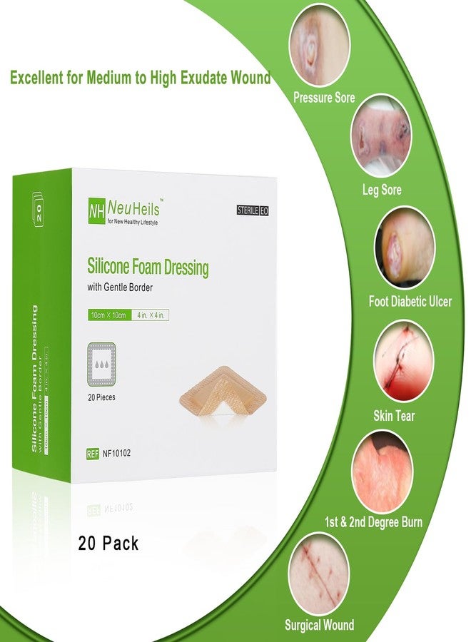 NeuHeils Silicone Foam Dressing with Gentle Border 4''x4'', 20 Pack for Bed Sore Leg Ulcer, High Absorbency Large Waterproof Silicone Wound Bandage - Image 2