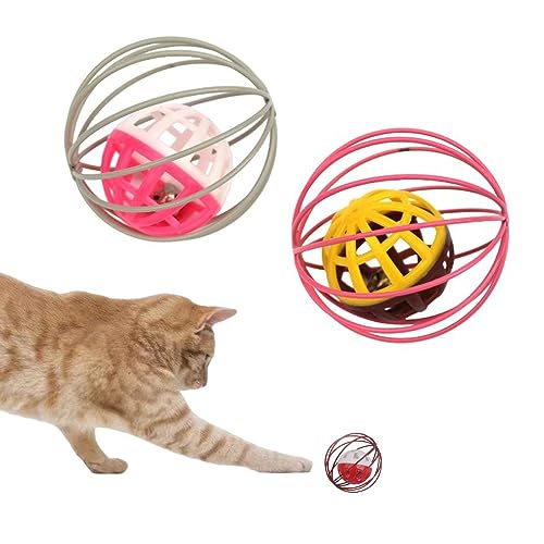 Fapiwen Cat Toys - 2pcs Interactive Cat Balls with Bell, Colorful Kitten Toys, Cute Caged Bell Rolling - Image 1