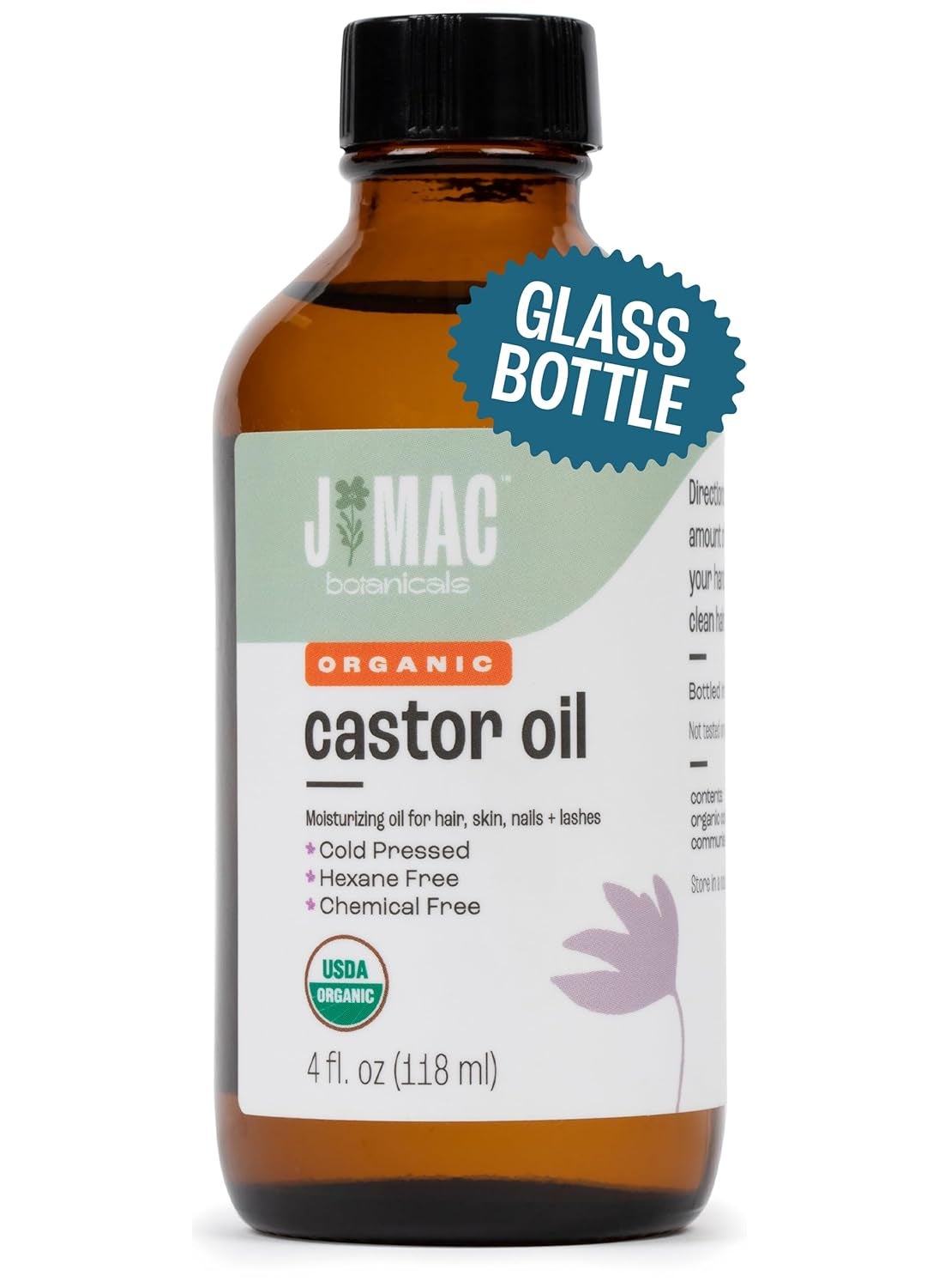 J MAC botanicals - J MAC BOTANICALS Organic Castor Oil Cold Pressed (Glass Bottle, 4 oz, NO DROPPER), pure hexane free castor oil for face, skin, eyelashes - Image 1
