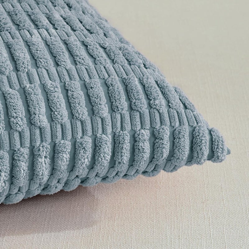 Fancy Homi 2 Packs Boho Light Blue Decorative Throw Pillow Covers 22x22 Inch for Couch Bed Sofa, Rustic Modern Farmhouse Home Decor, Soft Plush Corduroy Cute Square Cushion Case 55x55 cm - Image 4