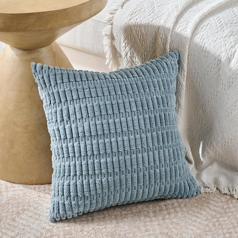 Fancy Homi 2 Packs Boho Light Blue Decorative Throw Pillow Covers 22x22 Inch for Couch Bed Sofa, Rustic Modern Farmhouse Home Decor, Soft Plush Corduroy Cute Square Cushion Case 55x55 cm - Image 2