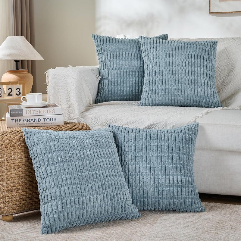 Fancy Homi 2 Packs Boho Light Blue Decorative Throw Pillow Covers 22x22 Inch for Couch Bed Sofa, Rustic Modern Farmhouse Home Decor, Soft Plush Corduroy Cute Square Cushion Case 55x55 cm - Image 5