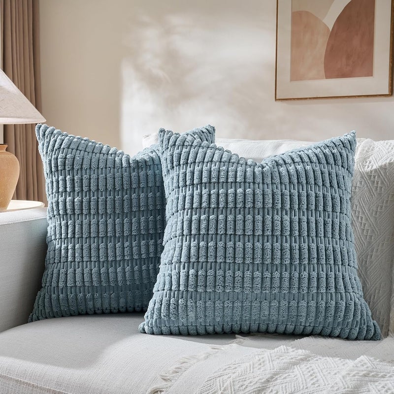 Fancy Homi 2 Packs Boho Light Blue Decorative Throw Pillow Covers 22x22 Inch for Couch Bed Sofa, Rustic Modern Farmhouse Home Decor, Soft Plush Corduroy Cute Square Cushion Case 55x55 cm - Image 1