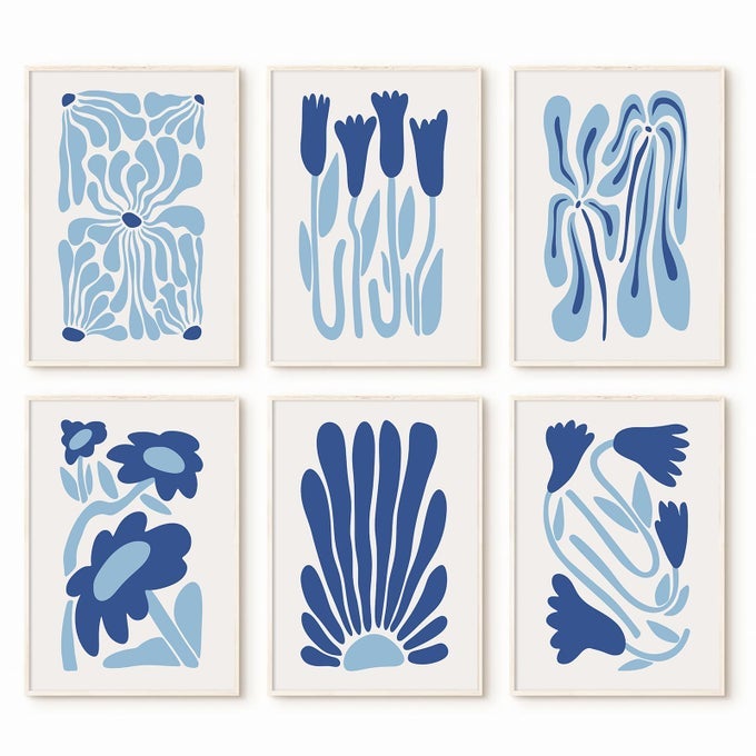 MATISSE FLOWER WALL ART PRINTS BLUE ABSTRACT WALL DECOR AESTHETIC CANVAS WALL ART PICASSO GALLERY POSTERS MATISSE PREPPY PICTURES FLOWER PAINTINGS FOR BATHROOM 8X10 INCH UNFRAMED SET OF 6