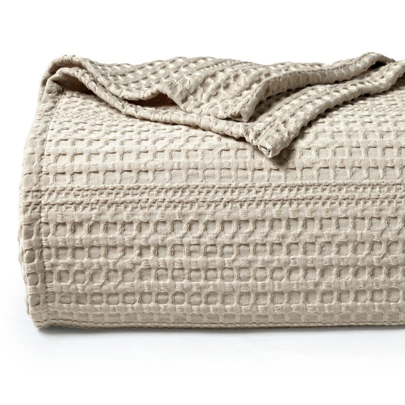 PHF Soft Waffle Weave Blanket Queen Size 90''x90'' - Lightweight and Breathable Woven Blankets Perfect for Summer - Great Decor for Couch Bed Sofa - Natural/Linen - Image 1