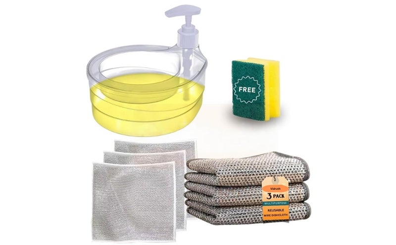Vidruth VIDRUTH Double Layer 2 in 1 Liquid soap Dispenser for Kitchen Sink dishwash Dispenser with NonScratch Wire Dishcloth for Washing Dishes Sinks Counter Soap Dispenser 3 Wire Cloth 1000 Ml - Image 1