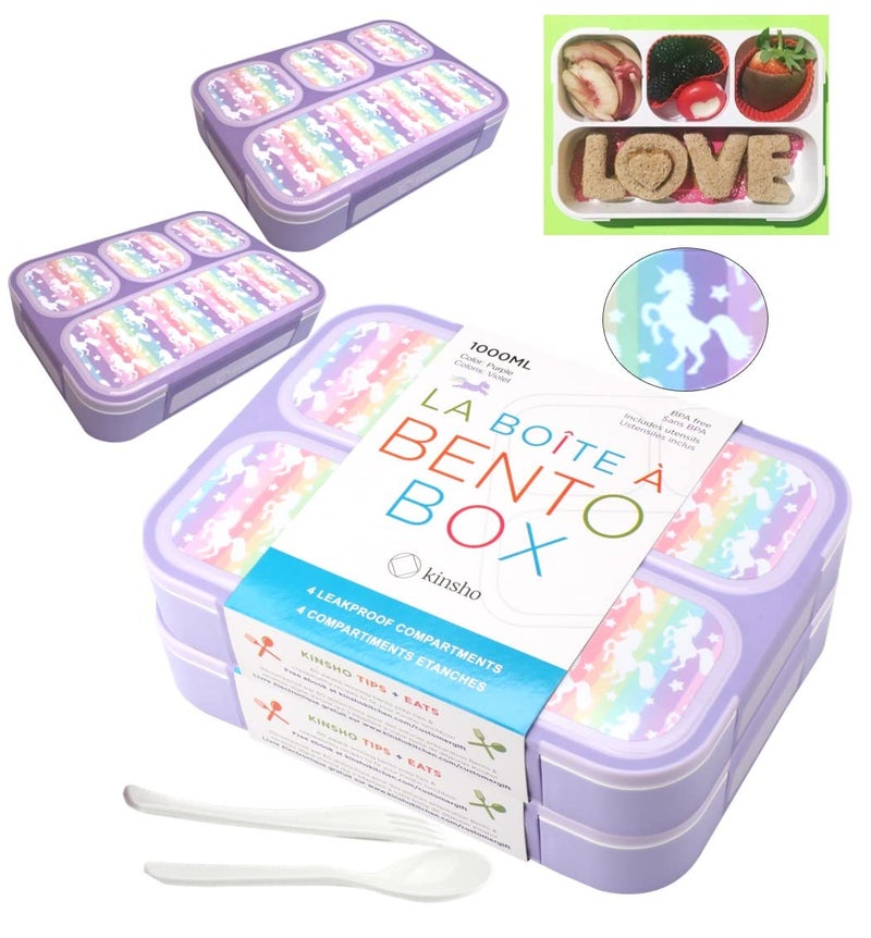 kinsho Unicorn Lunch Boxes for Girls 4 Compartment BentoBox LunchBox for Kids Toddlers School Daycare Travel Snack Containers Utensils Rainbow Unicorns 2 PACK Set