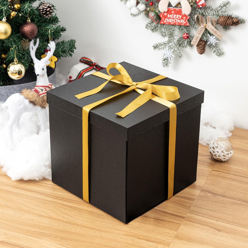 Mefleet Large Gift Box with Lid for Presents 12x12x12 Inches Extra Big Deep Square Black Boxes 1 Pack for Christmas, Birthday, Valentine's Day, Mother's Day - Contains Crinkle Paper, Ribbon and Card - Image 4
