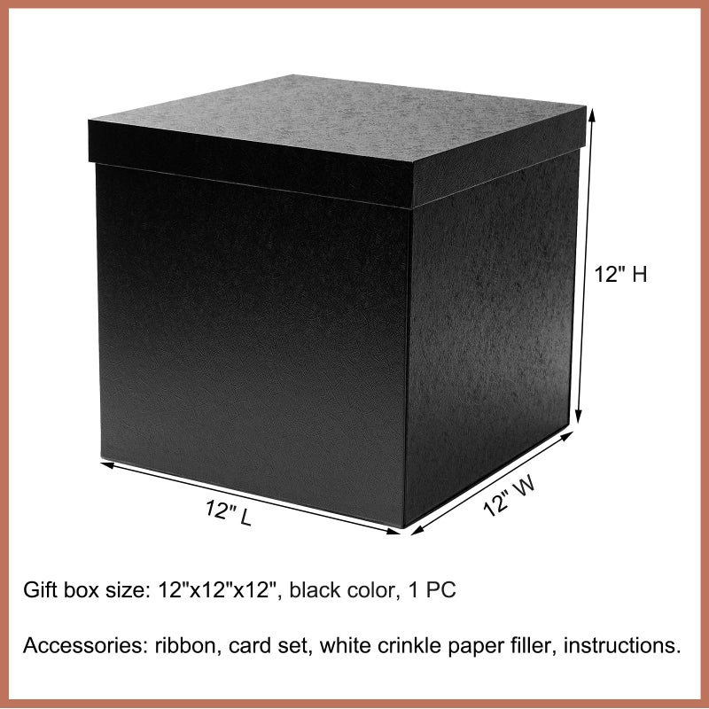 Mefleet Large Gift Box with Lid for Presents 12x12x12 Inches Extra Big Deep Square Black Boxes 1 Pack for Christmas, Birthday, Valentine's Day, Mother's Day - Contains Crinkle Paper, Ribbon and Card - Image 2