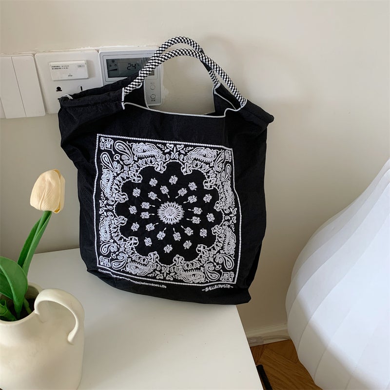 Japanese Embroidered Tote Nylon Shoulder Bag Eco-FriendlyLarge Black Cashew Flower Large Black Cashew Flower