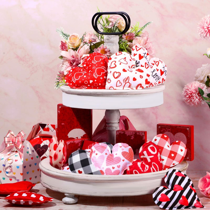 Oudain 15 Pcs 5 Inch Valentines Stuffed Fabric Hearts Tiered Tray Decor Valentine's Day Decor Buffalo Plaid Heart Shaped Hanging Ornaments for Wedding Party Farmhouse Crafts (Regular) - Image 5