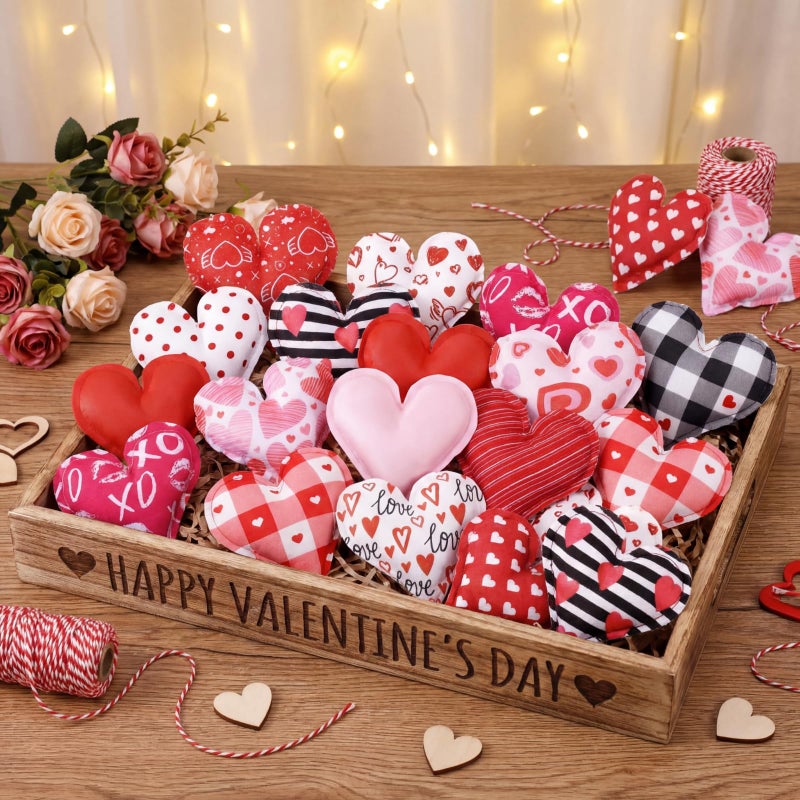 Oudain 15 Pcs 5 Inch Valentines Stuffed Fabric Hearts Tiered Tray Decor Valentine's Day Decor Buffalo Plaid Heart Shaped Hanging Ornaments for Wedding Party Farmhouse Crafts (Regular) - Image 4