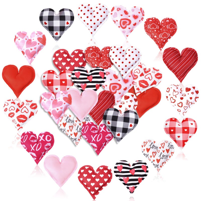 Oudain 15 Pcs 5 Inch Valentines Stuffed Fabric Hearts Tiered Tray Decor Valentine's Day Decor Buffalo Plaid Heart Shaped Hanging Ornaments for Wedding Party Farmhouse Crafts (Regular) - Image 1