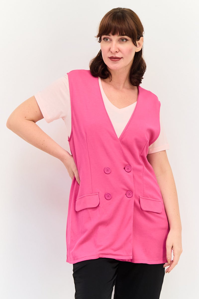 Lefties Women Regular Fit Plain Sleeveless Blazer, Fuschia - Image 1