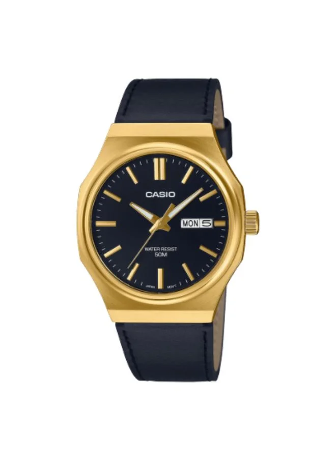 كاسيو Men's Analog Display Watch With Black Leather Strap - MTP-E735GL-1AVDF