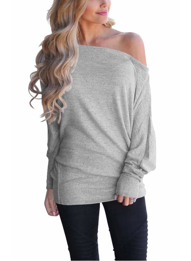 Lacozy Women's Off Shoulder Long Sleeve Oversized Pullover Sweater Knit Jumper Loose Tunic Tops, E-lightgray, M - Image 1