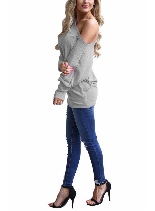 Lacozy Women's Off Shoulder Long Sleeve Oversized Pullover Sweater Knit Jumper Loose Tunic Tops, E-lightgray, M - Image 3