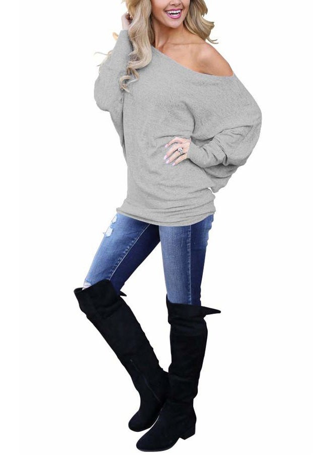 Lacozy Women's Off Shoulder Long Sleeve Oversized Pullover Sweater Knit Jumper Loose Tunic Tops, E-lightgray, M - Image 2