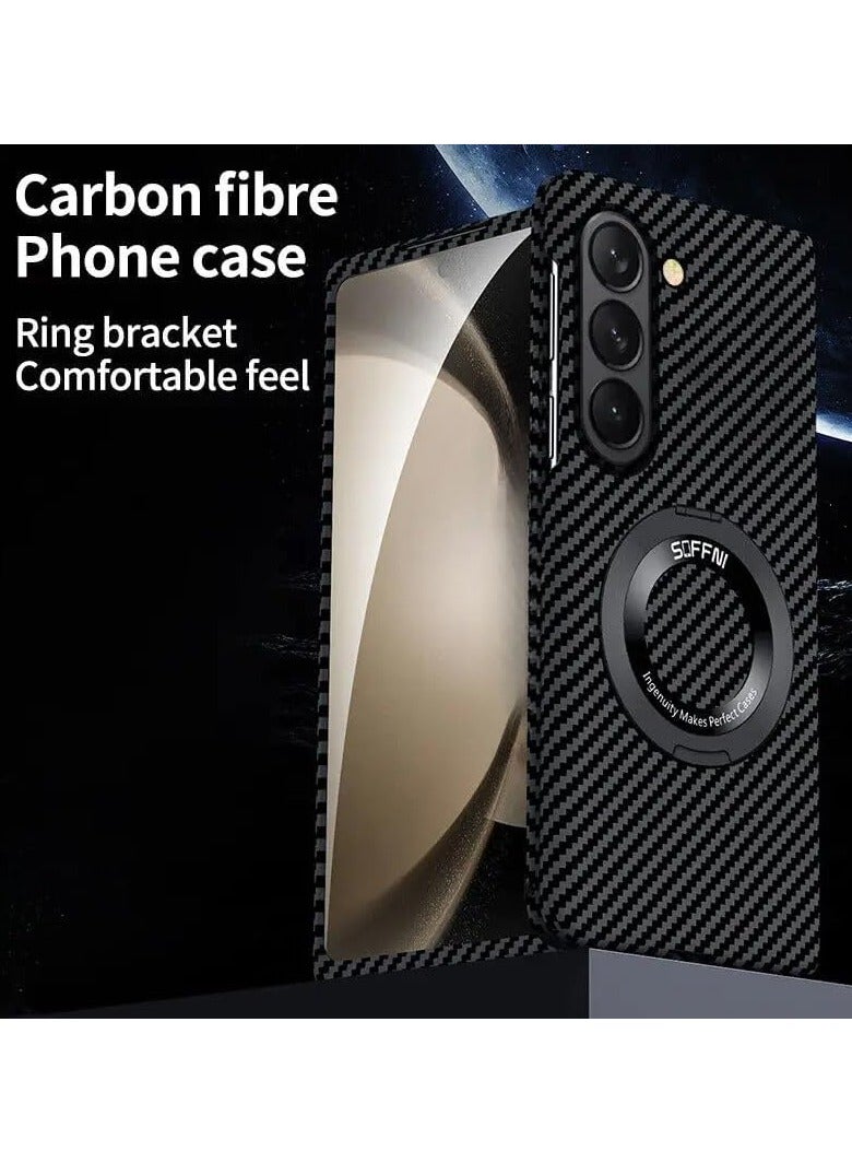 general Compatible with Samsung Galaxy Z Fold 7 5G Magnetic Swivel Ring Rack Case Carbon Fibre Patterned Folding Stand Hard Case for Z Fold7 - Image 3