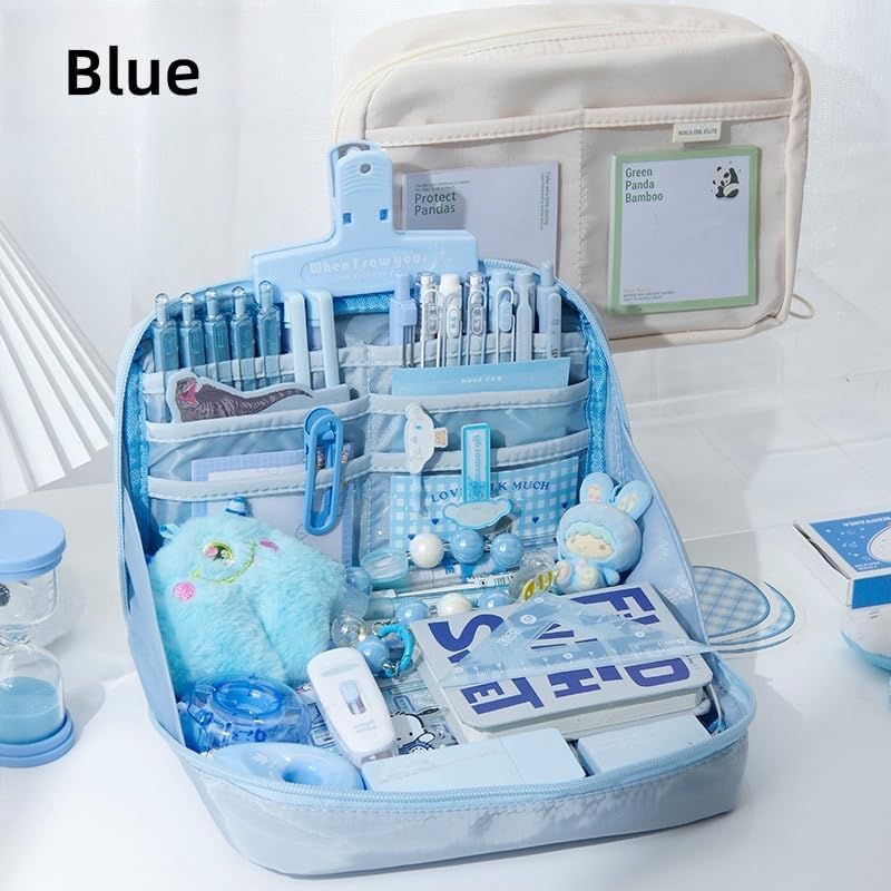 KASTWAVE Kawaii Cute Aesthetic Pencil Case, Large Capacity Canvas Pen Pouch Bag, Blue - Image 3