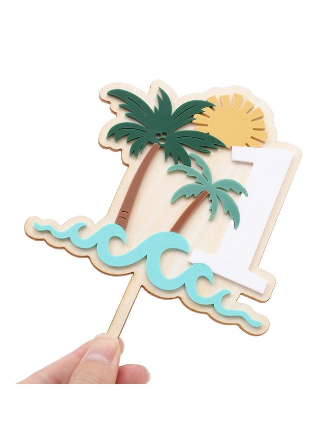 beaded تاج كعكة عيد الميلاد الأول الخشبي - موضوع أمواج المحيط لعيد الميلاد الأول، تاج كعكة موضوع الموجة الكبيرة، زينة كعك الصيف (أمواج 1) - Image 5