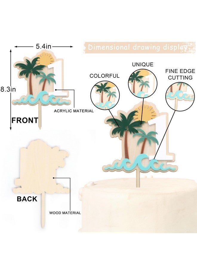 beaded تاج كعكة عيد الميلاد الأول الخشبي - موضوع أمواج المحيط لعيد الميلاد الأول، تاج كعكة موضوع الموجة الكبيرة، زينة كعك الصيف (أمواج 1) - Image 2