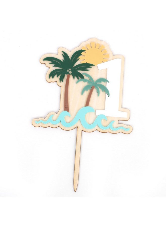 beaded تاج كعكة عيد الميلاد الأول الخشبي - موضوع أمواج المحيط لعيد الميلاد الأول، تاج كعكة موضوع الموجة الكبيرة، زينة كعك الصيف (أمواج 1) - Image 4