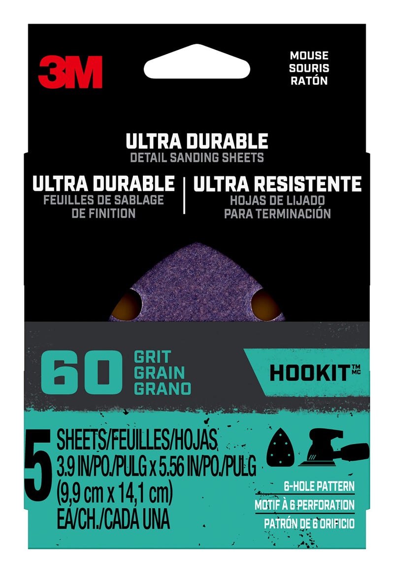 3M Ultra Durable Detail Palm Sander Sanding Sheets, 1/4 Sheet, 6 Hole Pattern, 60 grit, 5 Pack, Purple - Image 1