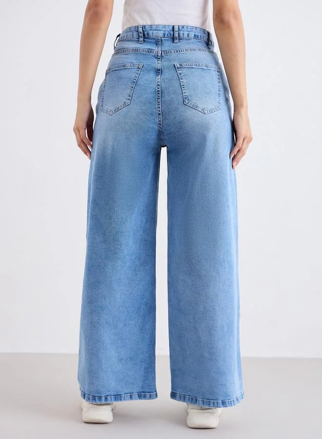 Styli Medium Blue High Rise Wide Leg Jeans with Pleat Yoke Waistband for Women | Best Price UAE